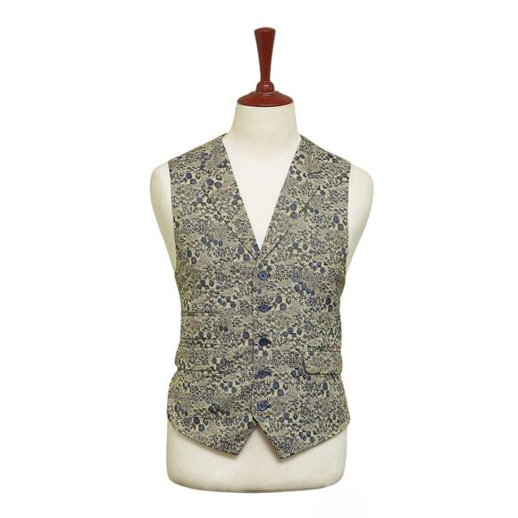 Mens Floral Vest 44R Yellow Blue Jacquard Waistcoat Formal Wedding Groom Party - Picture 1 of 9